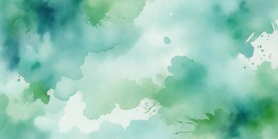 The primary subject of the image is a cloudy sky, which is the main focus of the scene. The setting is a watercolor painting, giving the image a unique visual style. The colors and mood of the painting are predominantly green, creating a serene and calming atmosphere.