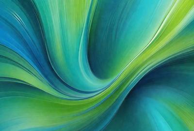 The primary subject of the image is a vibrant, colorful, and abstract artwork featuring a blue and green color scheme. The setting is a blue and green background, which complements the artwork's colors. The visual style is a combination of digital art and illustration, creating a unique and eye-catching design. The overall atmosphere is lively and energetic, with the artwork's colors and patterns evoking a sense of movement and dynamism.
