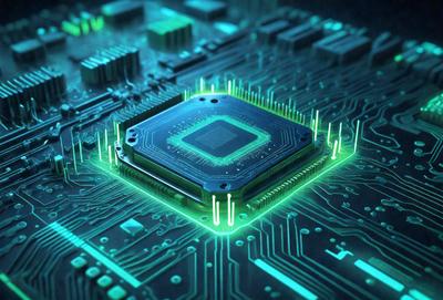 The primary subject of the image is a computer chip with a green glow. The setting is a close-up of the chip, showcasing its intricate design. The visual style is a digital art or illustration, with the green glow adding a unique and futuristic touch to the scene. The colors and mood of the image are predominantly green, creating a sense of technology and innovation.