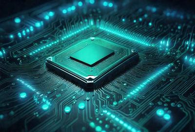 The primary subject of the image is a green square, which appears to be a computer chip or a small square of circuit board. The setting is a close-up of the chip, with a blue background. The visual style is a digital art or illustration, as the green square is the main focus of the image. The colors and mood of the image are predominantly blue and green, creating a sense of technology and innovation.