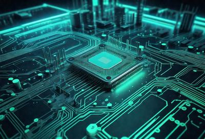 The primary subject of the image is a computer chip with a blue square on top of it. The setting is a computer circuit board, and the visual style is a digital art or illustration. The dominant colors are green and blue, creating a futuristic and technological atmosphere.