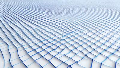 The primary subject of the image is a blue and white patterned surface, which appears to be a textured or wavy surface. The setting is a large, open space with a blue and white checkered pattern. The visual style of the image is a combination of a photo and digital art, creating a unique and intriguing appearance. The colors and mood of the image are predominantly blue and white, giving it a calm and serene atmosphere.