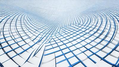 The primary subject of the image is a three-dimensional, blue-tinted, geometric pattern. The setting is a white background, which contrasts with the blue pattern. The visual style is a combination of digital art and illustration, creating a unique and intricate design. The colors and mood of the image are predominantly blue, giving it a calm and soothing atmosphere.