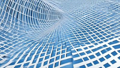The primary subject of the image is a large, curved, and wavy structure made of white and blue squares. The setting is a blue background, which creates a striking contrast with the white and blue squares. The visual style is a combination of digital art and illustration, giving the image a modern and artistic appearance. The colors and mood of the image are predominantly blue and white, with a sense of depth and complexity due to the intricate design of the structure.