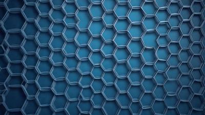 The primary subject of the image is a blue wall with a pattern of hexagonal shapes. The setting is indoors, and the visual style appears to be a combination of a photo and a digital art or illustration. The dominant colors are blue and white, creating a calm and soothing atmosphere.