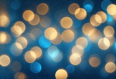 The primary subject of the image is a blue background with a pattern of yellow lights. The setting appears to be a dark room, and the visual style is a combination of a photo and digital art. The dominant colors are blue and yellow, creating a vibrant and lively atmosphere.