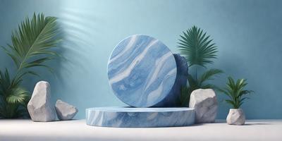 The primary subject of the image is a large, blue, marbled stone. The stone is placed on a white surface, which serves as the background. The visual style of the image is a photo, showcasing the intricate details of the marbled stone. The colors and mood of the image are predominantly blue, with the marbled stone being the main focus and creating a sense of depth and texture.