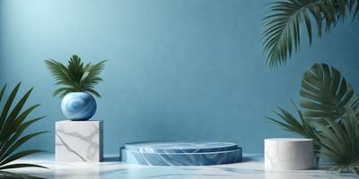 The primary subject of the image is a blue table with a blue marble top. The table is surrounded by three blue vases, creating a visually appealing and cohesive display. The setting is a room with a blue wall, which complements the blue table and vases. The visual style of the image is a combination of photo and digital art, resulting in a realistic yet artistic representation of the scene. The colors and mood of the image are predominantly blue, creating a calm and serene atmosphere.