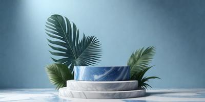 The primary subject of the image is a blue and white marble sink, which is placed on a white pedestal. The sink is surrounded by a few palm leaves, creating a tropical and serene atmosphere. The setting is a blue wall, which serves as the backdrop for the sink and palm leaves. The visual style of the image is a combination of photo and digital art, giving it a realistic yet artistic appearance. The colors and mood of the image are predominantly blue and white, with the addition of