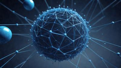 The primary subject of the image is a blue, three-dimensional structure that resembles a sphere or a globe. The setting is a dark background, which contrasts with the bright blue color of the structure. The visual style appears to be a combination of digital art and illustration, creating a unique and intriguing image. The colors and mood of the image are predominantly blue, giving it a calm and serene atmosphere.