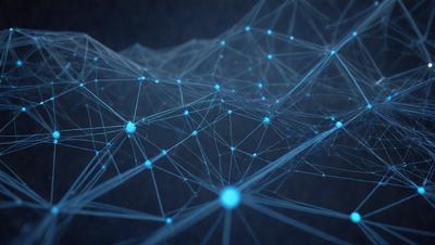 The primary subject of the image is a blue, glowing network of interconnected lines, which resembles a web or a mesh. The setting is a dark background, which contrasts with the bright blue lines. The visual style is a digital art or illustration, as the lines appear to be digitally rendered or drawn. The colors and mood of the image are predominantly blue, creating a sense of depth and intricacy in the design.