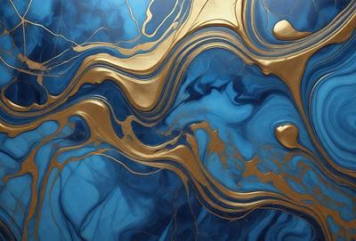 The primary subject of the image is a blue and gold marbled surface, which appears to be a piece of art or a decorative item. The setting is a room with a blue wall, and the visual style is a combination of digital art and illustration. The dominant colors in the image are blue and gold, creating a rich and luxurious atmosphere.
