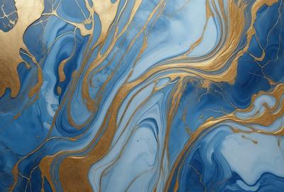 The primary subject of the image is a blue and gold swirling pattern, which appears to be a painting or a piece of artwork. The setting is a wall, and the visual style is a combination of digital art and illustration. The dominant colors in the image are blue and gold, creating a sense of depth and richness.