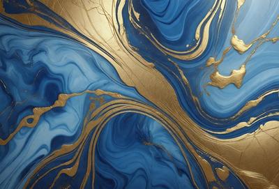 The primary subject of the image is a blue and gold swirling pattern, which appears to be a painting or a digital artwork. The setting is a blue and gold background, which complements the artwork. The visual style is a mix of digital art and painting, creating a unique and eye-catching design. The colors and mood of the image are predominantly blue and gold, giving it a warm and vibrant atmosphere.