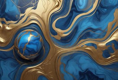 The primary subject of the image is a blue sphere, which is the main object in the scene. The setting is a blue and gold background, creating a visually striking contrast. The visual style is a combination of photo and digital art, giving the image a unique and artistic appearance. The dominant colors are blue and gold, creating a sense of depth and richness in the scene.