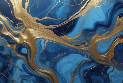 The primary subject of the image is a blue and gold marbled wallpaper with a gold and blue color scheme. The setting is a room with a blue and gold marbled wallpaper, which creates a luxurious and elegant atmosphere. The visual style is a close-up of the wallpaper, showcasing its intricate design and patterns. The colors and mood of the image are predominantly blue and gold, giving it a sophisticated and refined appearance.