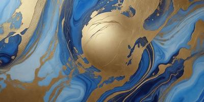 The primary subject of the image is a gold sphere, which is the main object in the scene. The setting is a blue and gold background, creating a visually striking contrast between the gold sphere and the blue and gold surface. The visual style of the image is a combination of photo and digital art, giving it a unique and artistic appearance. The dominant colors in the image are gold and blue, creating a warm and vibrant atmosphere.