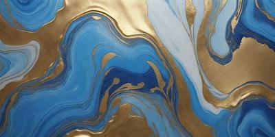 The primary subject of the image is a blue and gold swirling pattern, which appears to be a painting or a digital artwork. The setting is a gold background, and the visual style is a combination of photo and digital art. The dominant colors are blue and gold, creating a sense of depth and richness in the artwork.