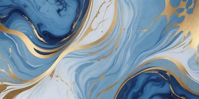 The primary subject of the image is a blue and gold swirling pattern, which appears to be a painting or a digital artwork. The setting is a blue background, and the visual style is a combination of painting and digital art. The dominant colors are blue and gold, creating a sense of depth and richness in the artwork.