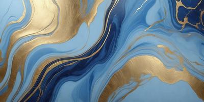 The primary subject of the image is a blue and gold swirling pattern, which appears to be a painting or a piece of art. The setting is a blue background, and the visual style is a combination of digital art and illustration. The dominant colors are blue and gold, creating a sense of depth and richness in the artwork.