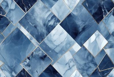 The primary subject of the image is a blue and white marble tile pattern. The setting is a blue and white marble tile wall, which serves as the background. The visual style is a combination of a photo and digital art, creating a unique and intricate design. The dominant colors are blue and white, giving the image a clean and elegant appearance.