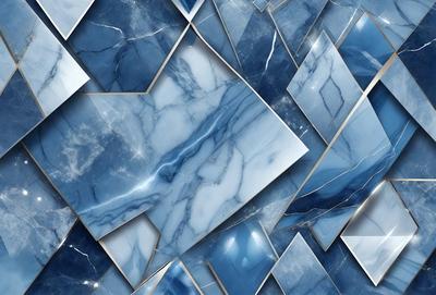The primary subject of the image is a blue marble tile. The setting is a blue marble tile wall, which is the backdrop for the image. The visual style is a close-up of the blue marble tile, showcasing its texture and pattern. The dominant colors are blue and white, creating a calm and serene atmosphere.