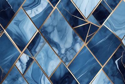 The primary subject of the image is a blue and gold marble tile. The setting is a wall with a blue and gold marble tile pattern. The visual style is a close-up of the tile, showcasing its intricate design. The colors and mood of the image are predominantly blue and gold, creating a luxurious and elegant atmosphere.