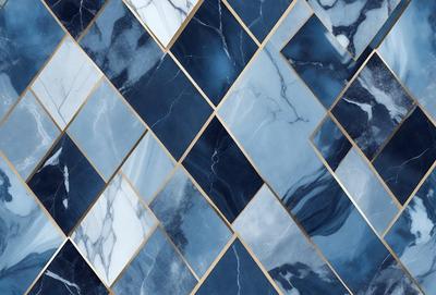 The primary subject of the image is a blue and white marble tile pattern. The setting is a blue and white marble tile wall, which serves as the background. The visual style is a combination of a photo and digital art, creating a unique and intricate design. The dominant colors are blue and white, giving the image a clean and elegant appearance.