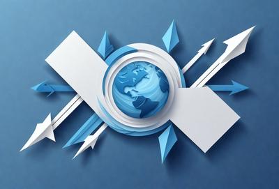 The primary subject of the image is a blue and white globe, which is the main object in the scene. The setting is a blue background, and the visual style is a combination of digital art and illustration. The colors and mood of the image are predominantly blue and white, creating a calm and serene atmosphere.