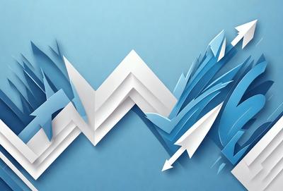 The primary subject of the image is a blue and white graphic design featuring a white arrow pointing upwards. The setting is a blue background, and the visual style appears to be a combination of digital art and illustration. The colors and mood of the image are predominantly blue and white, creating a sense of calmness and simplicity.