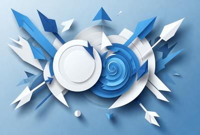 The primary subject of the image is a blue and white geometric design, which appears to be a 3D model or a digital artwork. The setting is a blue background, and the visual style is a combination of digital art and illustration. The colors and mood of the image are predominantly blue and white, creating a clean and modern atmosphere.