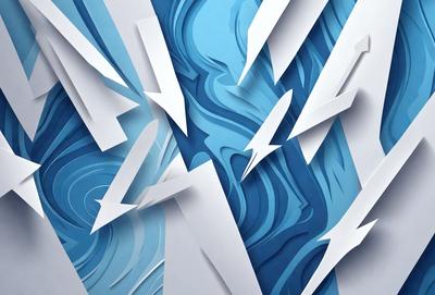 The primary subject of the image is a blue and white artwork featuring a series of white arrows and blue waves. The setting is a blue and white background, which complements the artwork. The visual style is a combination of digital art and illustration, creating a unique and eye-catching design. The colors and mood of the image are predominantly blue and white, giving it a calm and serene atmosphere.