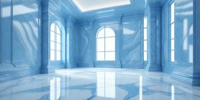 The primary subject of the image is a large, open, and empty room with a blue marble floor. The room features a blue marble wall and a blue marble ceiling, creating a cohesive and visually appealing atmosphere. The setting is a large, white, and blue room with a blue marble floor, and the visual style is a photo. The colors and mood of the image are predominantly blue, creating a calm and serene environment.