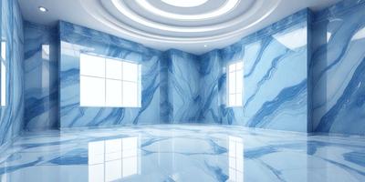 The primary subject of the image is a large, open room with a blue marble wall. The setting is a modern, clean environment, possibly a bathroom or a living room. The visual style is a photo, showcasing the blue marble wall and the room's interior. The colors and mood of the image are predominantly blue, creating a calm and serene atmosphere.