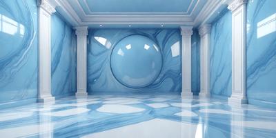 The primary subject of the image is a large blue sphere, which is the main object in the scene. The setting is a room with a blue and white marble wall, giving the space a luxurious and elegant atmosphere. The visual style of the image is a combination of photo and digital art, creating a unique and intriguing visual experience. The dominant colors in the image are blue and white, which contribute to the overall mood of the scene.