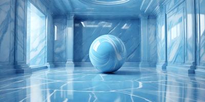 The primary subject of the image is a large blue ball, which is the main object in the scene. The setting is a room with a blue marble floor, and the visual style appears to be a digital art or illustration. The dominant colors in the image are blue and white, creating a calm and serene atmosphere.