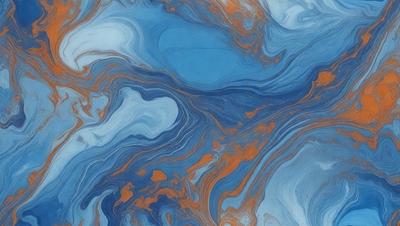 The primary subject of the image is a blue and orange swirling pattern, which appears to be a painting or a digital artwork. The setting is a blue background, and the visual style is a combination of digital art and painting. The dominant colors are blue and orange, creating a vibrant and lively atmosphere.