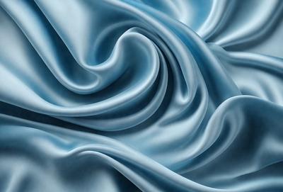 The primary subject of the image is a blue fabric, which appears to be a piece of silk. The setting is a blue background, and the visual style is a close-up of the fabric. The colors and mood of the image are predominantly blue, creating a calm and serene atmosphere.