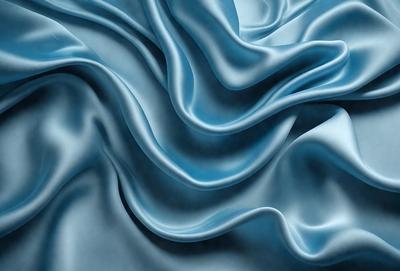 The primary subject of the image is a blue fabric, possibly a piece of silk, with a flowing and swirling pattern. The setting is a blue background, which complements the blue fabric. The visual style is a painting or drawing, showcasing the artist's skill in capturing the flowing nature of the fabric. The colors and mood of the image are predominantly blue, creating a serene and calming atmosphere.