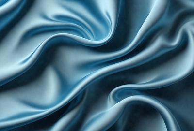 The primary subject of the image is a blue fabric, which appears to be a piece of silk. The setting is a dark background, which contrasts with the blue fabric. The visual style is a close-up of the fabric, showcasing its texture and pattern. The colors and mood of the image are predominantly blue, creating a calm and serene atmosphere.