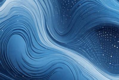 The primary subject of the image is a blue wave, which is the main object, scene, or focus of the image. The setting or background features a blue sky, and the visual style is a digital art or illustration. The dominant colors in the image are blue and white, creating a calm and serene atmosphere.