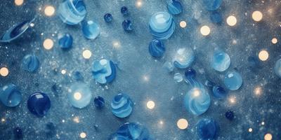 The primary subject of the image is a close-up of a blue surface with blue droplets on it. The setting appears to be a dark room, and the visual style is a combination of a photo and digital art. The dominant colors are blue, and the overall atmosphere is serene and calming.