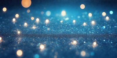 The primary subject of the image is a blue background with a pattern of glittering lights. The setting appears to be a dark room, and the visual style is a combination of a photo and digital art. The colors and mood of the image are predominantly blue, with a sense of depth and sparkling lights.