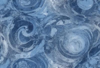 The primary subject of the image is a blue and white swirling pattern, which appears to be a design or a part of a larger artwork. The setting is a blue surface, possibly a wall or a piece of fabric, with the swirling pattern as the main focus. The visual style of the image is a combination of artistic elements, such as the swirling pattern and the blue background, creating a unique and eye-catching design. The colors and mood of the image are predominantly blue, with a