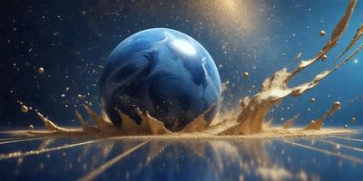 The primary subject of the image is a large blue planet, which is the main focus of the scene. The setting is a space with a backdrop of stars, creating a celestial atmosphere. The visual style is a digital art, as the image is a detailed and intricate illustration of the blue planet. The colors are predominantly blue and gold, giving the image a serene and majestic mood.