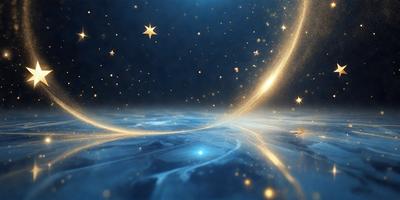 The primary subject of the image is a starry night sky with a blue background. The setting is a space with a starry background, and the visual style is a digital art or illustration. The colors and mood of the image are predominantly blue, creating a serene and peaceful atmosphere.