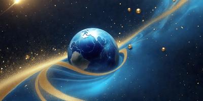 The primary subject of the image is a blue and gold planet, which is the main focus of the scene. The setting is a blue background with a spiral pattern, giving the image a unique and artistic visual style. The colors and mood of the image are predominantly blue and gold, creating a sense of depth and beauty.