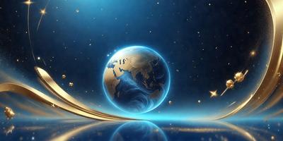 The primary subject of the image is a blue and white planet, which is the main focus of the scene. The setting is a dark, star-filled sky, creating a dramatic and mysterious atmosphere. The visual style is a digital art or illustration, with the blue and white planet being the centerpiece of the composition. The colors and mood of the image are predominantly dark and moody, with the blue and white planet standing out against the backdrop of the star-filled sky.