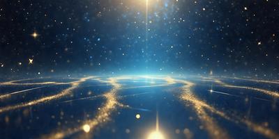 The primary subject of the image is a blue and gold background with a starry pattern. The setting is a night sky, and the visual style is a combination of photo and digital art. The colors and mood of the image are predominantly blue and gold, creating a serene and celestial atmosphere.