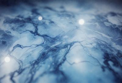 The primary subject of the image is a blue marble-like surface with a pattern of light and dark blue. The setting is a dark blue background, and the visual style appears to be a digital art or illustration. The colors and mood of the image are predominantly dark and moody, with the blue marble surface creating a striking contrast against the darker background.